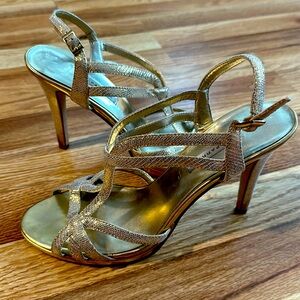Gold high heel shoes, size 10 B